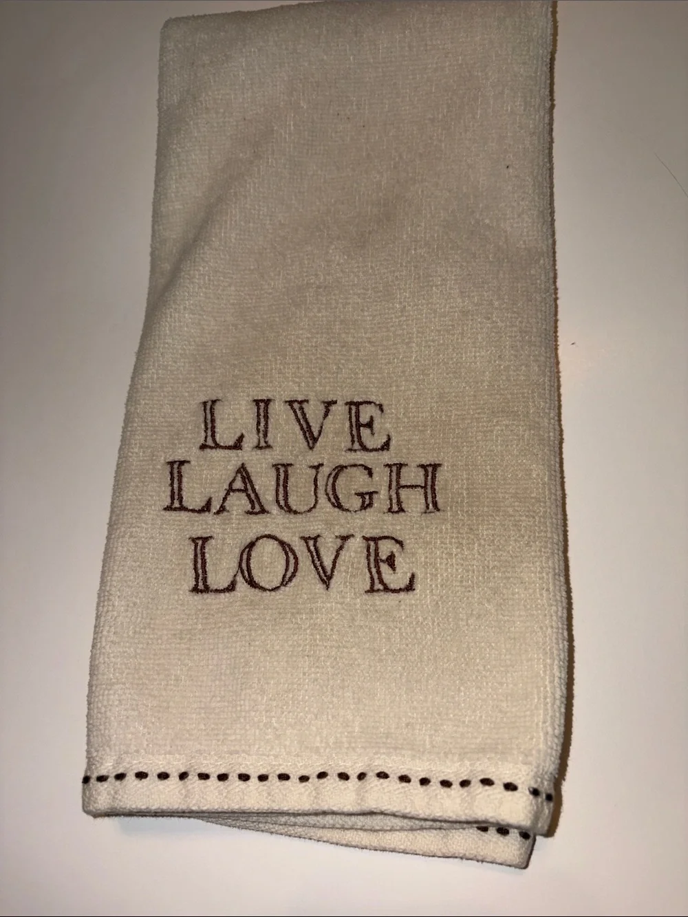 Live Laugh Love Embroidered Cream Kitchen Towel